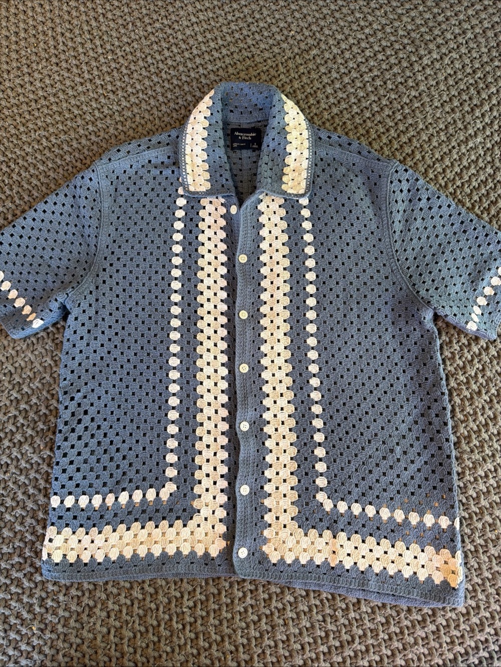 Abercrombie & Fitch Blue & Cream Crochet Style Button Up Short Sleeve Shirt Sz S